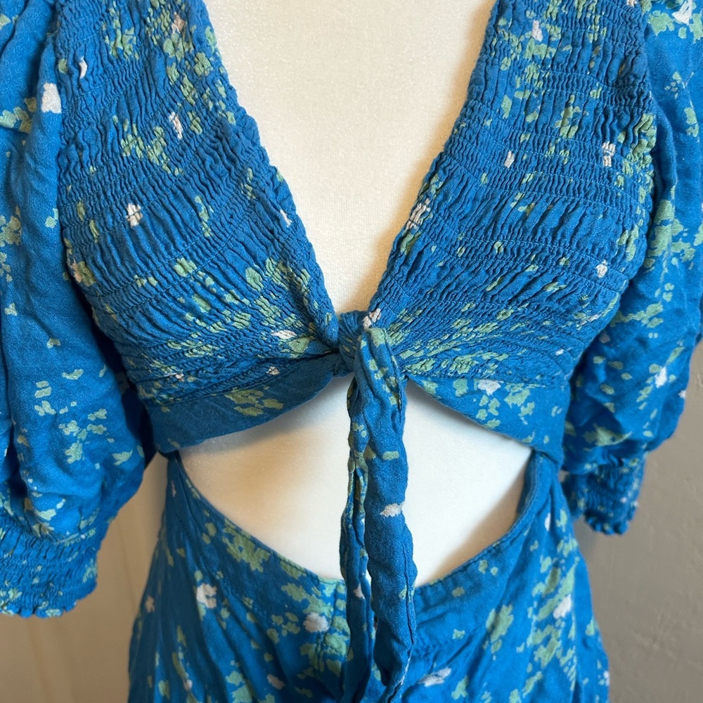 Free People Vibrant Blue Floral Long Sleeve Dress cutout button tie dress - Picture 7 of 10